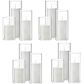 Shihanee Set of 12 Pillar Candles and Glass Cylinder Vases Clear Cylinder CandleHolders for Slim Pillar Candles Wedding Centerpieces(2.6'' X 4.7'', 5.9'', 7.9'',White)