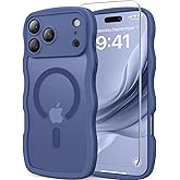 DOMAVER for iPhone 17 Pro Max Case for Women, 1X Screen Protector+1X Wrist Strap, [Compatible with MagSafe] [Full Camera Protection] Cute Wave Matte Phone Case for iPhone 17 Pro Max, Deep Blue