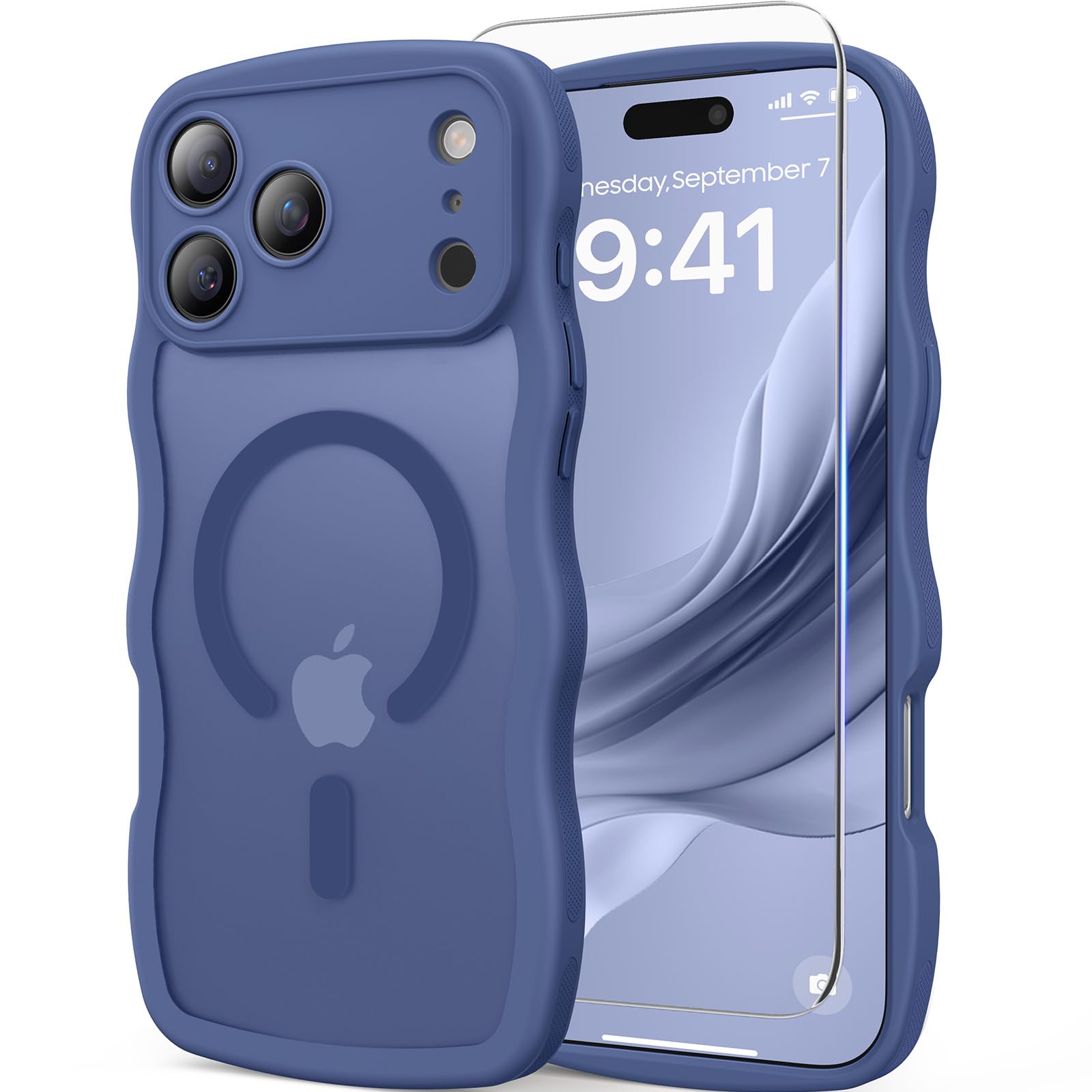 Photo 1 of DOMAVER for iPhone 17 Pro Max Case for Women, 1X Screen Protector+1X Wrist Strap, [Compatible with MagSafe] [Full Camera Protection] Cute Wave Matte Phone Case for iPhone 17 Pro Max, Deep Blue