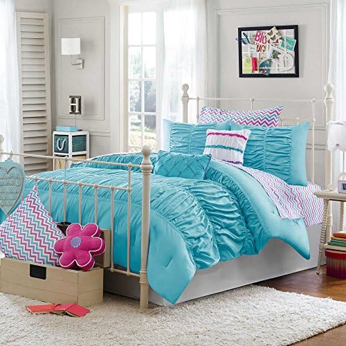Teen Girls Chevron 5-Piece Bedding for Kids Aqua Blue Pinch Pleat Ruffles Bed in a Bag TWIN/TWIN XL Comforter Set