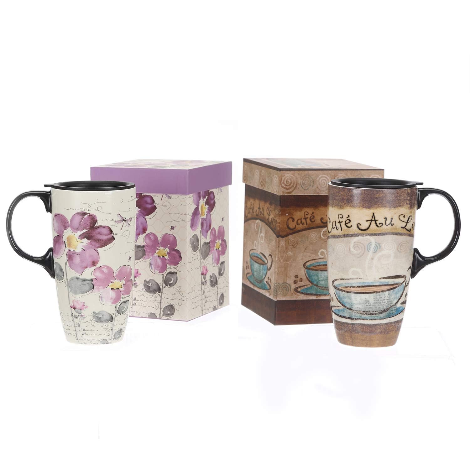 Topadorn Ceramic Latte Mug 17 oz. Coffee Cup with Sealed Lid and Gift Box,Set of 2
