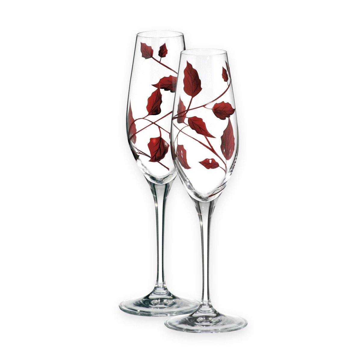 Quality Leaf Tendril Design Champagne Flutes Pair - Mouth Blown/Hand Decorated Glass - for Wedding/40th Anniversary