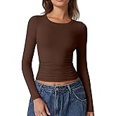 QINSEN Double Lined Long Sleeve Shirts for Women Crewneck Ruched Slim Fit Y2k Tops Going Out Tees Mocha L