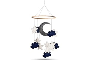 EMMNNIC Baby Mobile for Crib - Blue Moon, Stars, and White Clouds Handmade Nursery Mobile - Baby Boy Crib Decor