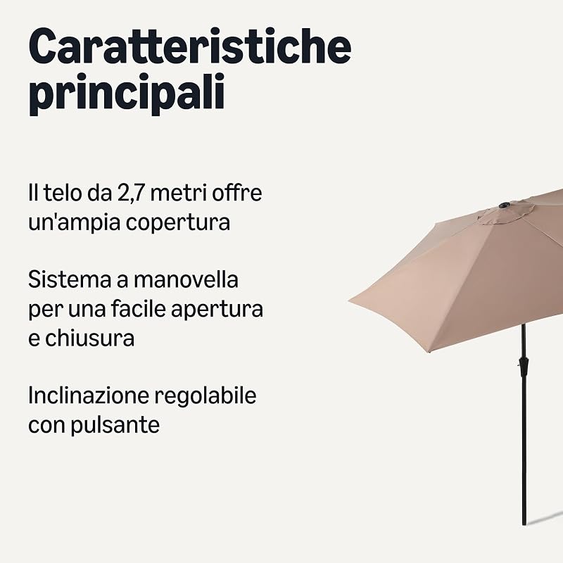 - Ombrellone da Giardino, Sollevatore a manovella e Pulsante inclinabile, 274cm, Marrone Chiaro