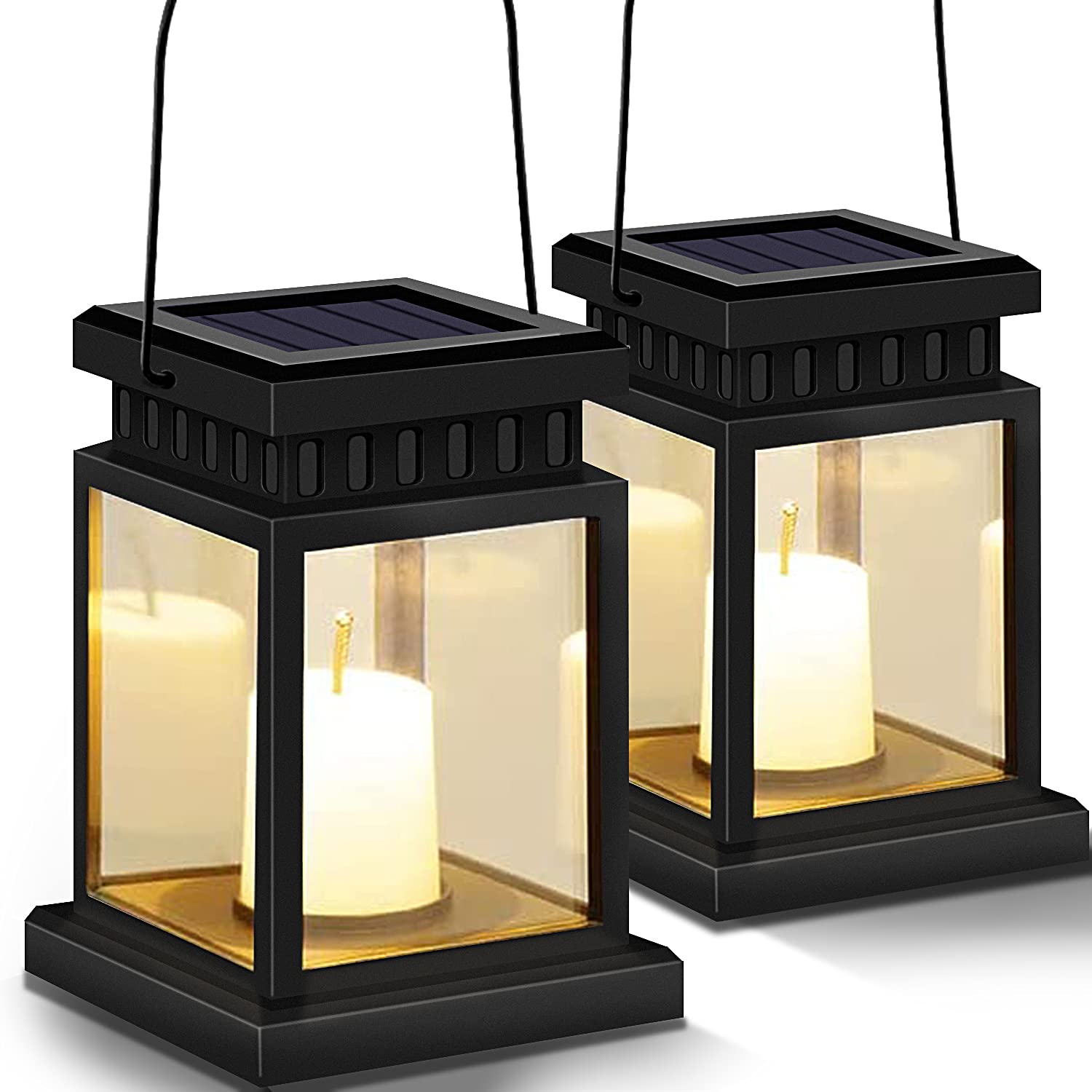 2 Pack Solar Lantern, Seeway Garden Solar Lanterns Outdoor Hanging, Waterproof LED Decorative Plastic Flickering Flameless Candle Mission Lights for Christmas, Table, Outdoor, Party