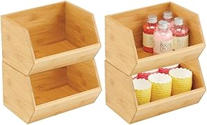 mDesign Bamboo Stackable Food Storage Organization Bin Basket - Wide Open Front for Kitchen Cabinets, Pantry, Offices, Closets, Holds Snacks, Dry Goods, Packets, Spices, Teas - 4 Pack - Natural Wood