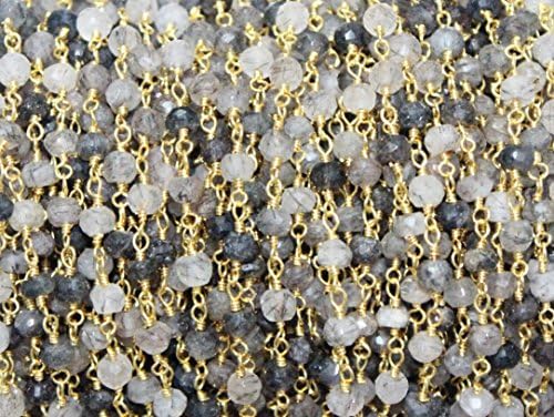 5 Feet Natural Black Rutile rosary style beaded chain - Black Rutile Rondelle beads 4mm 24k Gold Plated Wire wrapped rosary link chain