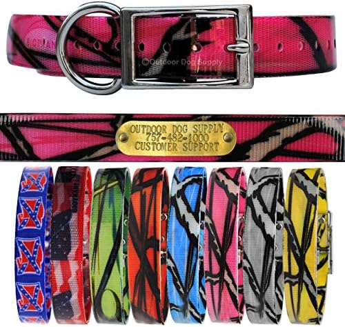1" Wide Pattern D Ring Dog Collar Strap with Custom Brass Name Plate (18" Long, Pink Camo)