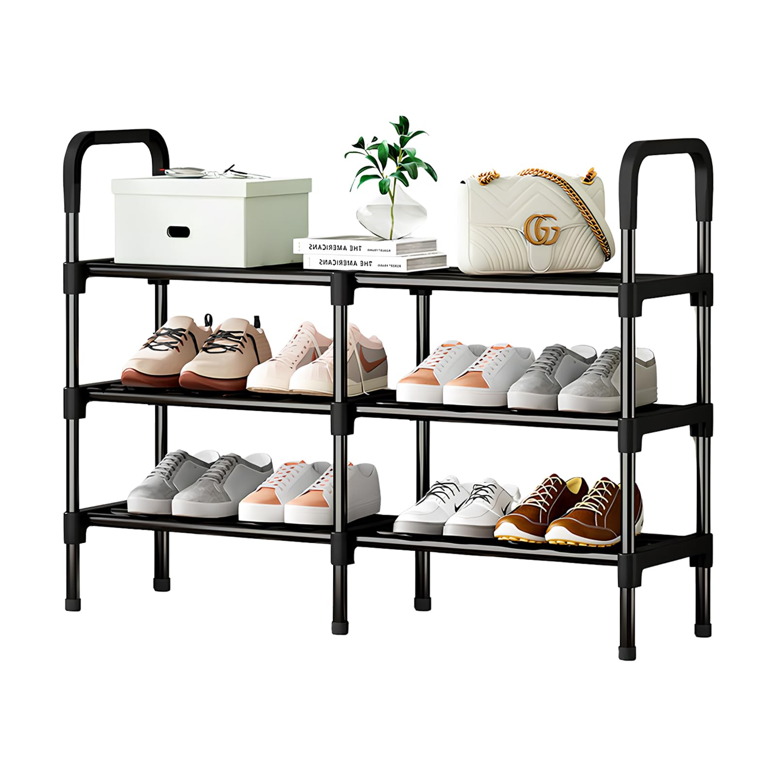 DecorDwell Entryway Shoe Rack 3 Tier,Metal Shoe Rack,Shoe Slots Holds 30 Pairs,Footware Storage,Shoe Rack Storage Organizer,Black Shoe StandDurable 3-Tier Metal Shoe Rack,Tool-Free Assembly