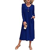 MOLERANI Women's Long Sleeve Midi Dress with Pockets - Casual,Button Down,Lightweight,Comfort,Solid,Road Trip,Fall(Royal Blue,XL)