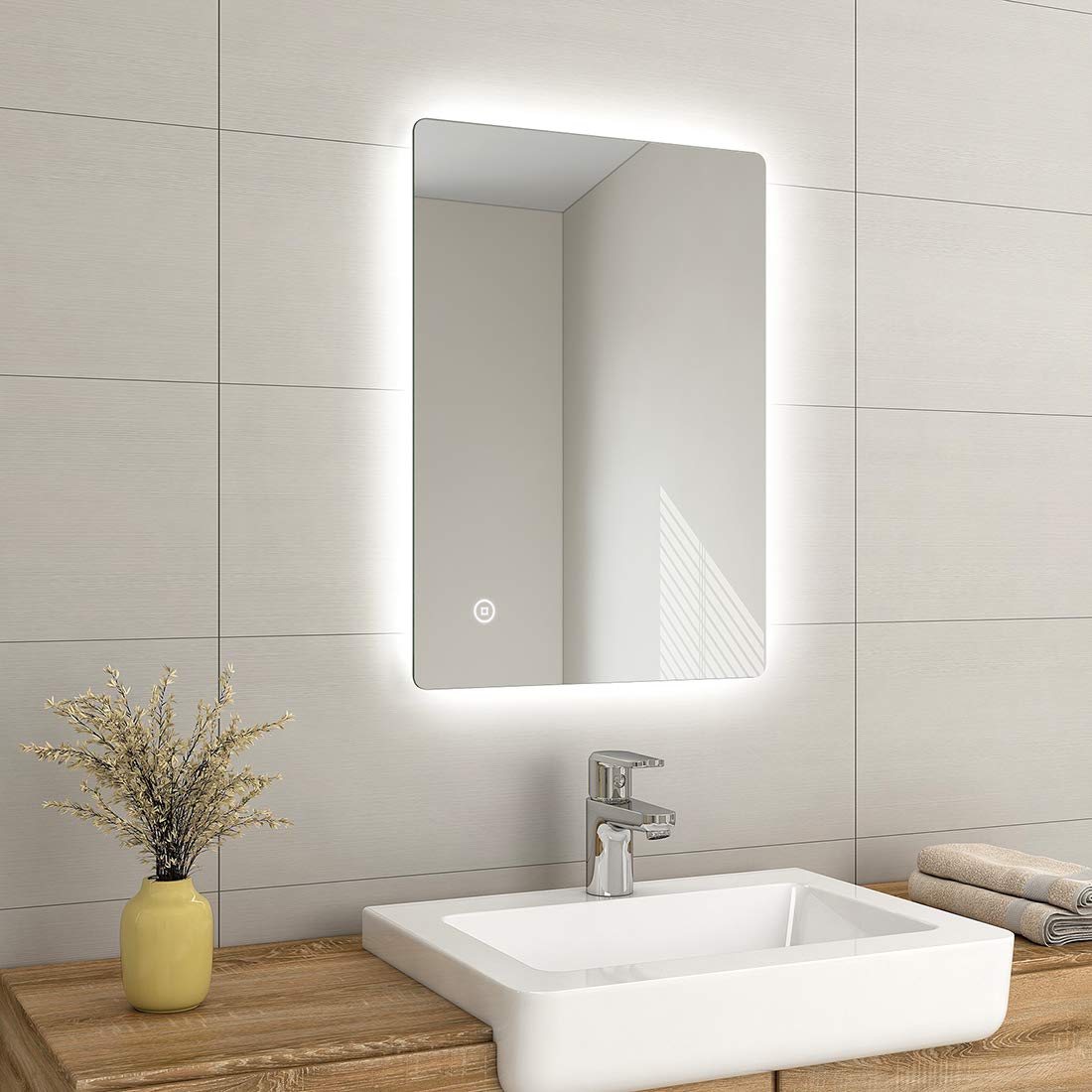 EMKE 50 x 70 cm Bathroom Mirror with LED Lights, Stylish Illuminated Bathroom Mirror Wall Mounted, Backlit LED Mirrors Bathrooms with Anti-fog/Dimmable/Touch Switch, Hardwired, IP44