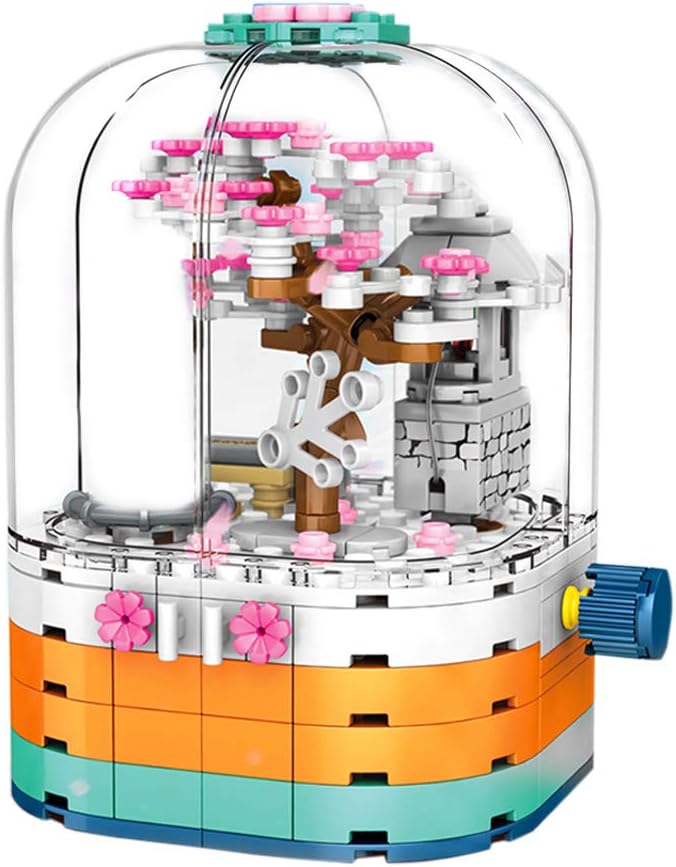 HYZM 259Pcs Sakura Series Building Block Set, DIY Mini Bricks Architecture Model Kit Construction Educational Toys Gift for Adults and Kids - Transparent Light Rotating Box