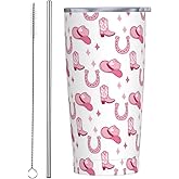 TOUNHEYA Western Cowgirl Tumbler with Lid and Straw Cowboy 20oz Insulated Stainless Steel Cup Pink Travel Coffee Mug Water Bottle for Women Gift for Birthday Christmas