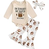 Vicaankue Newborn Baby Girl Football Outfit On Sundays We Watch Football with Daddy Romper and Bell Bottom Pants Headband Set