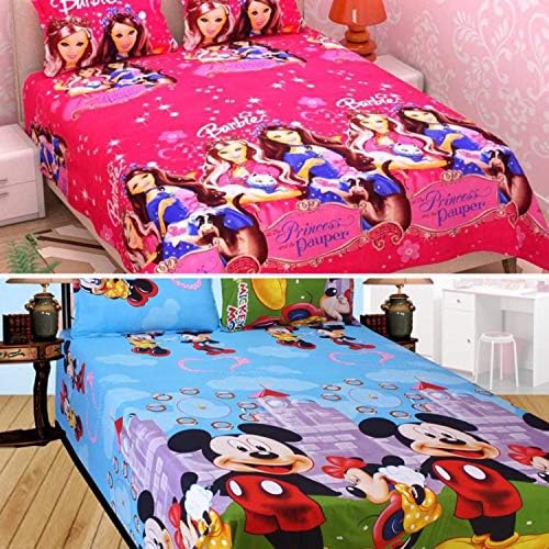 Sky Tex Super Saver Combo of 2 Cartoon Printed Cotton Double Bed Sheets with 4 Pillow Covers