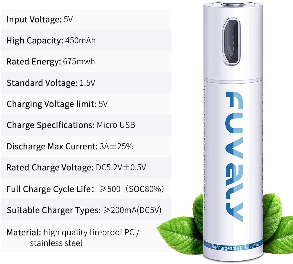 USB Rechargeable Lithium AAA Batteries Triple A Li-ion Battery with Micro USB Charging Cable 1.5V 450mAh 1h Quick-Charge FUVALY (4pack): Home Audio & Theater