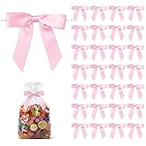 50 Pack Satin Twist Tie Bows for Gift Bags & Party Favors, 2.5 Inch Pre-Tied Ribbon Bows for Gift Wrapping, Birthday & Wedding Event Decorations - Pink