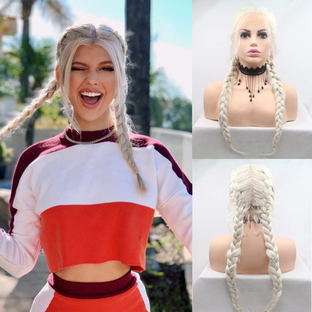 AFBeauty Platinum Blonde Braided Wig Fully Handmade Braid Lace Front Wig with Baby Hair Synthetic Middle Part Natural Hairline Wig Heat Resistant Fibre Makeup Cosplay Wigs for Women 24 Inch