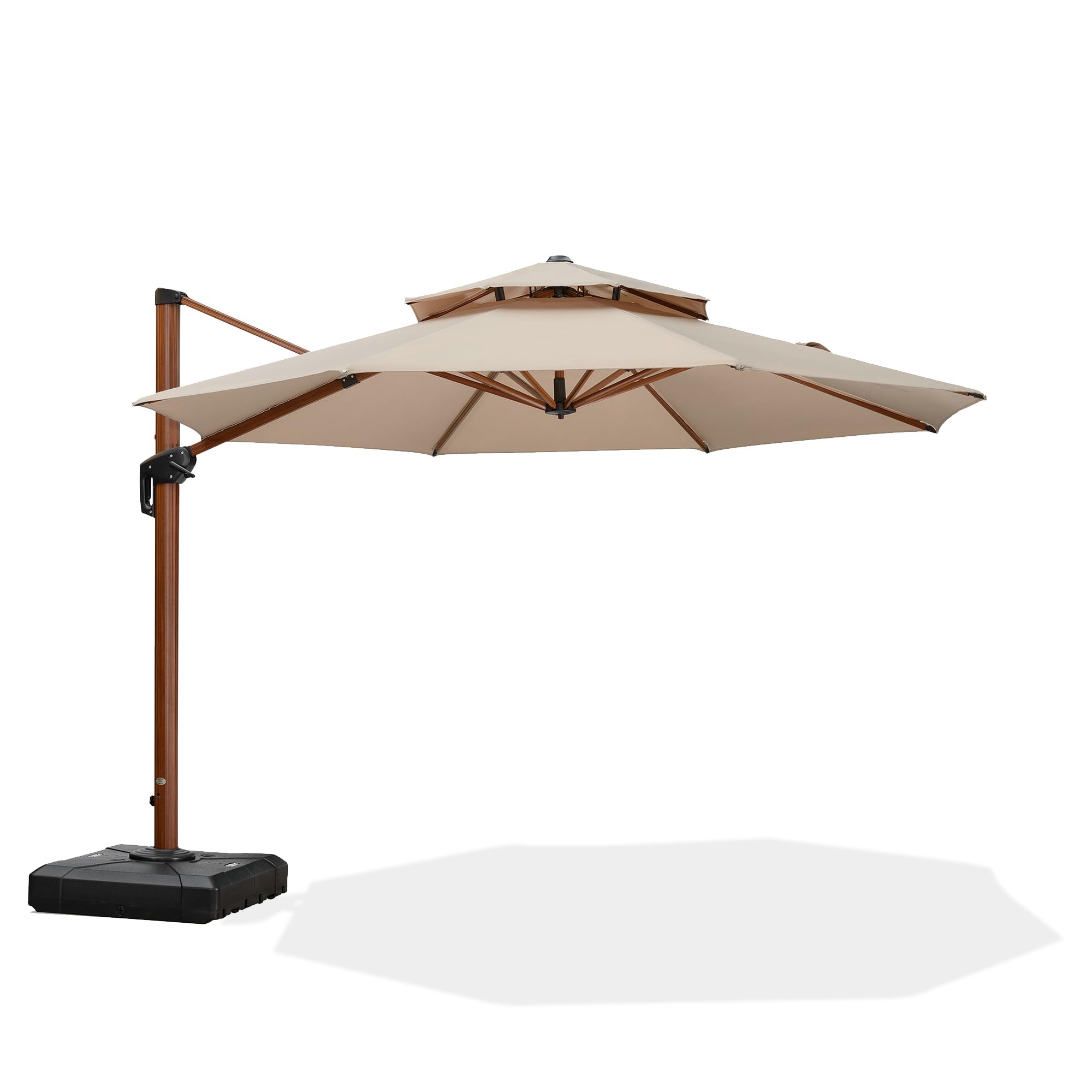 PURPLE LEAF Patio Umbrella 11ft Double Top Wood-Grain Finish, Beige