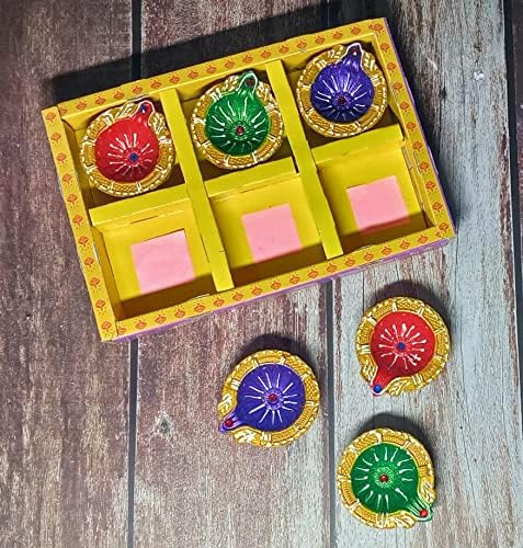 Oil Lamps & Accessories - Indian Karigar Decorative Diwali Diyas for Decoration Diwali Decoration Items Colourful Terracotta Diyas for Diwali Light Diwali Gifts for Family and Friends Set of 6 (Medium Classic - 2)