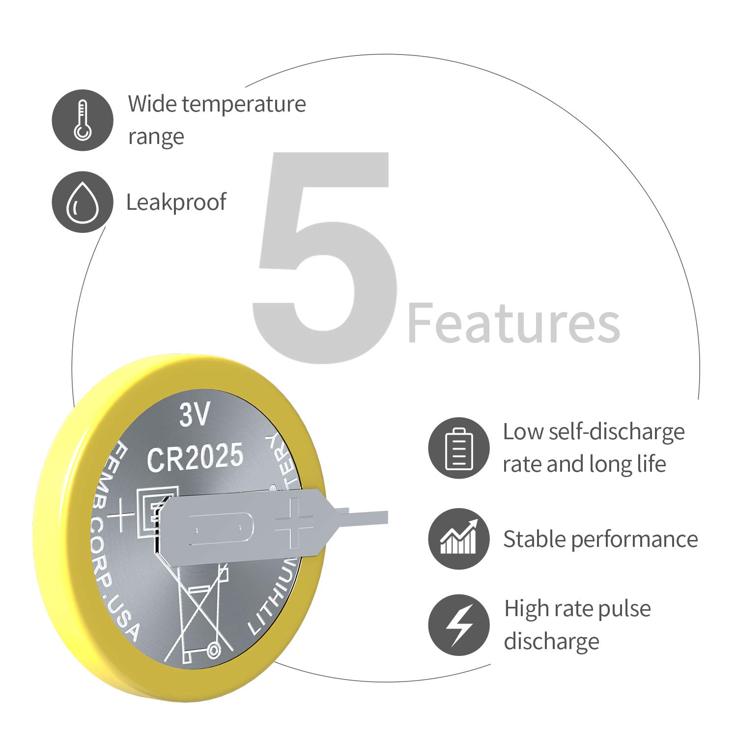 EEMB 10-Pack Tabbed CR2025 3V Lithium Coin Batteries Solder Tabs - Tabbed Replacement Battery, UL Certified