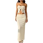 GORGLITTER Women's 2 Piece Textured Matching Outfits Twist Front Bandeau Top Bodycon Maxi Skirt Sets