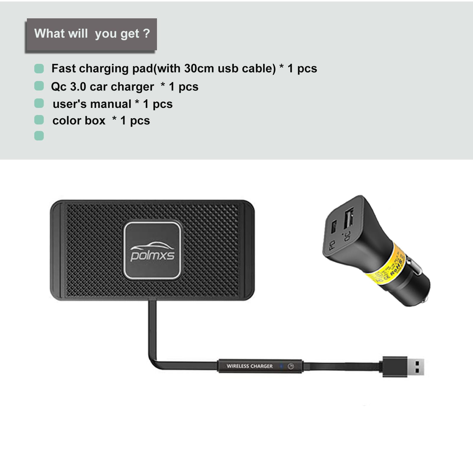 Wireless Charger Car Charging pad,POLMXS 15W Fast Wireless Phone Charger Non Slip Cell Phone Flat Charging mat Compatible with iPhone 11/12/12/14/15 Galaxy S21/S22/S23/24 NOTE10 (30cm Cable)(C2Y)