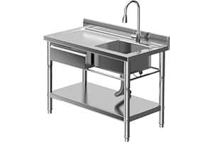 39.37"×23.6"×31.5" Free Standing Stainless Steel Utility Sink, Heavy Duty Single Bowl Commercial Sink with Workbench & Hot/Co