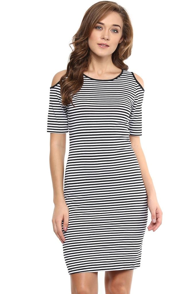 miss chase womens black and white striped cold shoulder dress