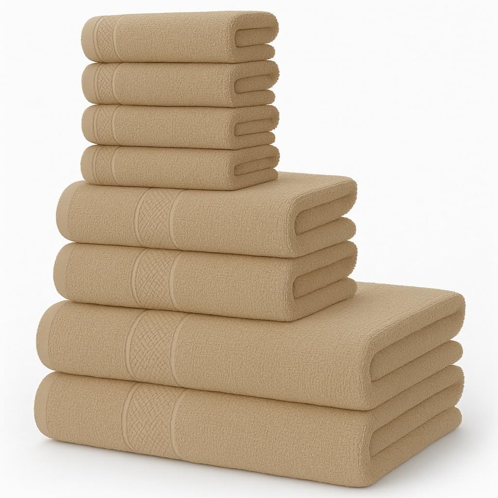 Diamond Tex Luxury 8 Pcs Towels Bale Set 100% Egyptian Cotton Face Cloth, Hand Towel, Jumbo Bath Towel 600-GSM Soft and Absorbent Gym, Golf, Spa, Beach Towels (Latte)