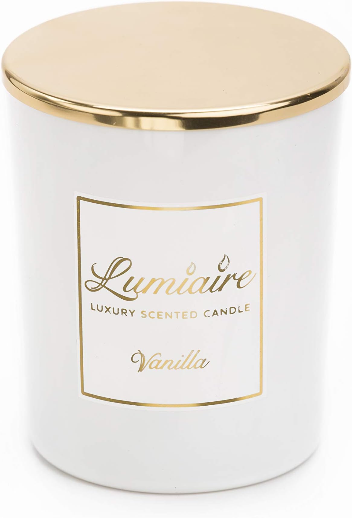 Lumiaire Luxury Vanilla Scented Candle from France 6.3oz – 100% Cotton Wick in a Natural Beeswax, Soy Wax and Coconut Oil Blend – Poured in a Lacquered White Glass Jar with Gold-Tone Snuffer Lid