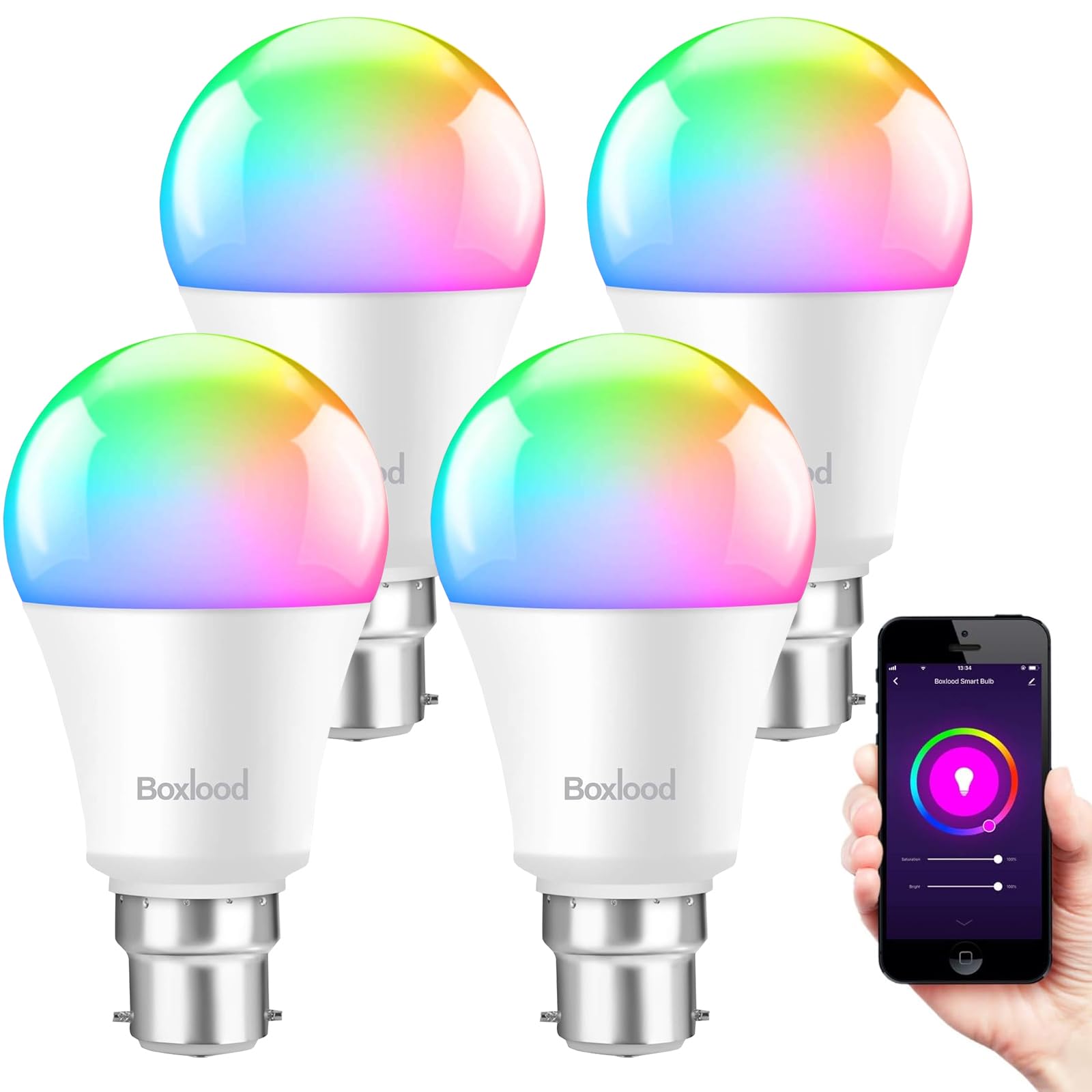 Boxlood Smart Bayonet Light Bulb, 4 Packs RGB Color Changing LED Light Bulb Work with Alexa Echo Google Home, 60W Equivalent, Dimmable 2700K-6500K Warm to Cool White, No Hub Required — image 1