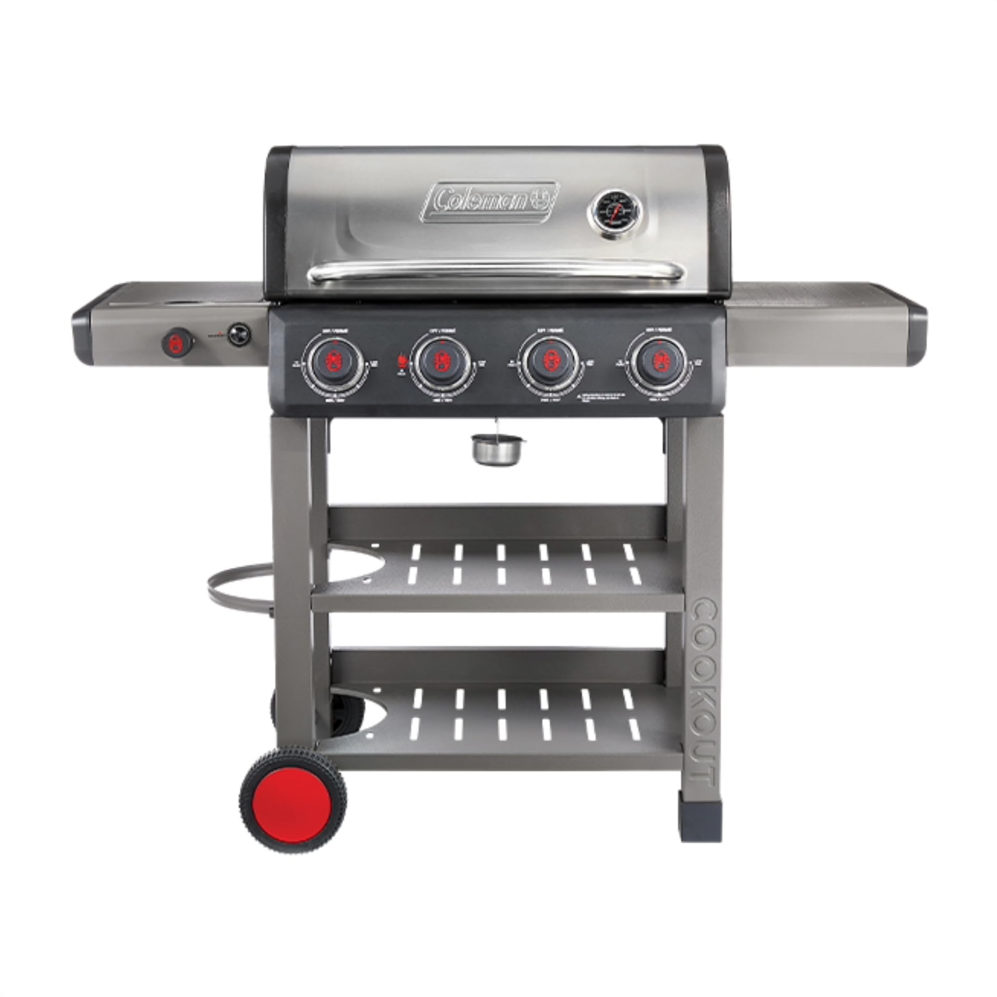 Photo 1 of Coleman Cookout 4-Burner Propane Grill, 36,000 BTU Gas Grill with Side Burner, 2-Wheel Cart, 637-Sq. In. Cooking Surface, Instastart Ignition, and Storage Shelves, Stainless/Gray