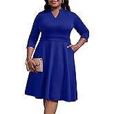Nmoder Plus Size Dresses for Women - Casual 3/4 Sleeve V Neck Church Midi Dress Wedding Guest Cocktail with Pocket