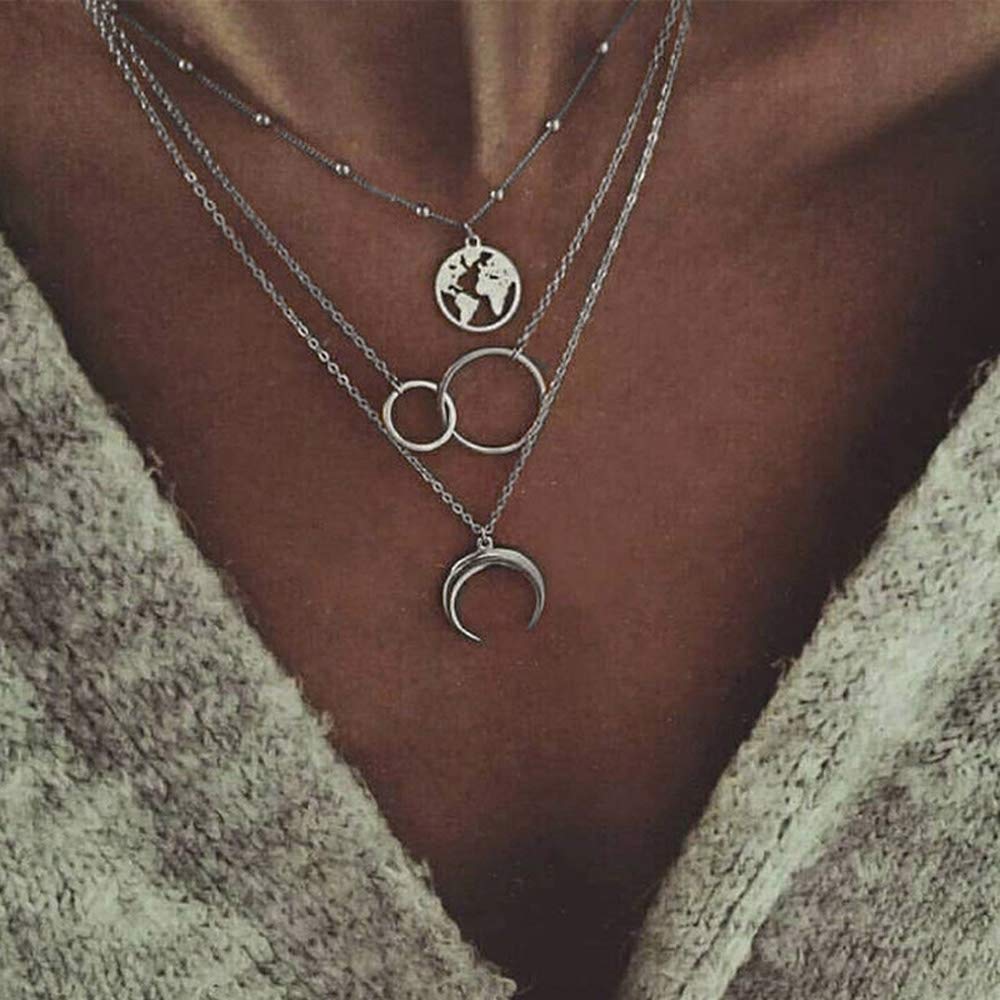 TseanYi Boho Layered Necklace Chain Silver Circle Moon Map Pendant Necklace Choker Eternal Karma Clavicle Necklace Jewelry for Women and Girls (Silver)