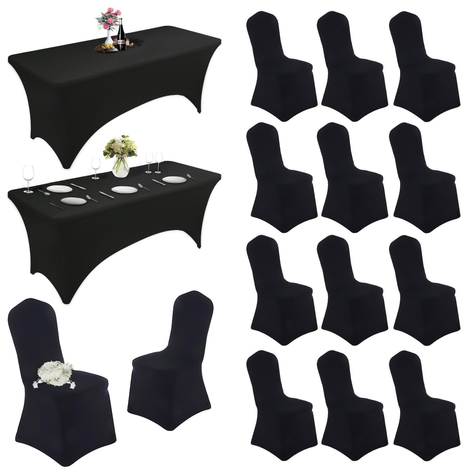 Photo 1 of Luqvzxv 2 Pack Spandex Table Cloth & Chair Covers - 6 FT Black Stretch Fitted Tablecloth for Dining Wedding Kitchen Party Banquet