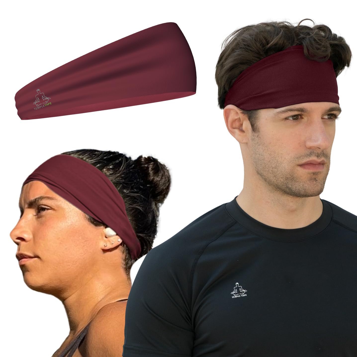 Temple Tape, Headbands for Men and Women - Mens Sweatband & Sports Headband Moisture Wicking Workout Sweatbands for Running, Cross Training, Yoga and Bike Helmet Friendly - Burgundy