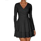 WDZIZFG Women's Long Sleeve Dress V Neck Ruffled Hem A Line Black Dresses for Women Club Party Cocktail