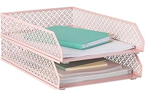 Blu Monaco Pink Desk Organizer Stackable Paper Tray Set of 2 - Metal Two Tier Tray - Stackable Letter Tray - Inbox Tray Holder for Desk