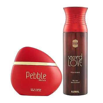 Maryaj Pebble Shine Eau De Parfum Floral Fruity Perfume 100ml for Women and Ajmal Sacred Love Deodorant Floral Musky Fragrance 200ml for Women + 2 Parfum Testers FREE