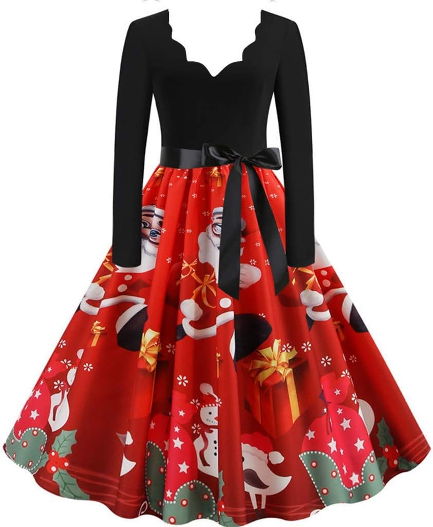 Women Christmas Dresses, Ladies Elegant Long Sleeve Snowman Santa Claus Print Vintage Flare Party Maxi Dress Skirts