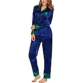 SWOMOG Womens Silk Satin Pajamas Set Long Sleeve Sleepwear Two Pieces Loungewear Set Button-Down Contrast Pjs Set