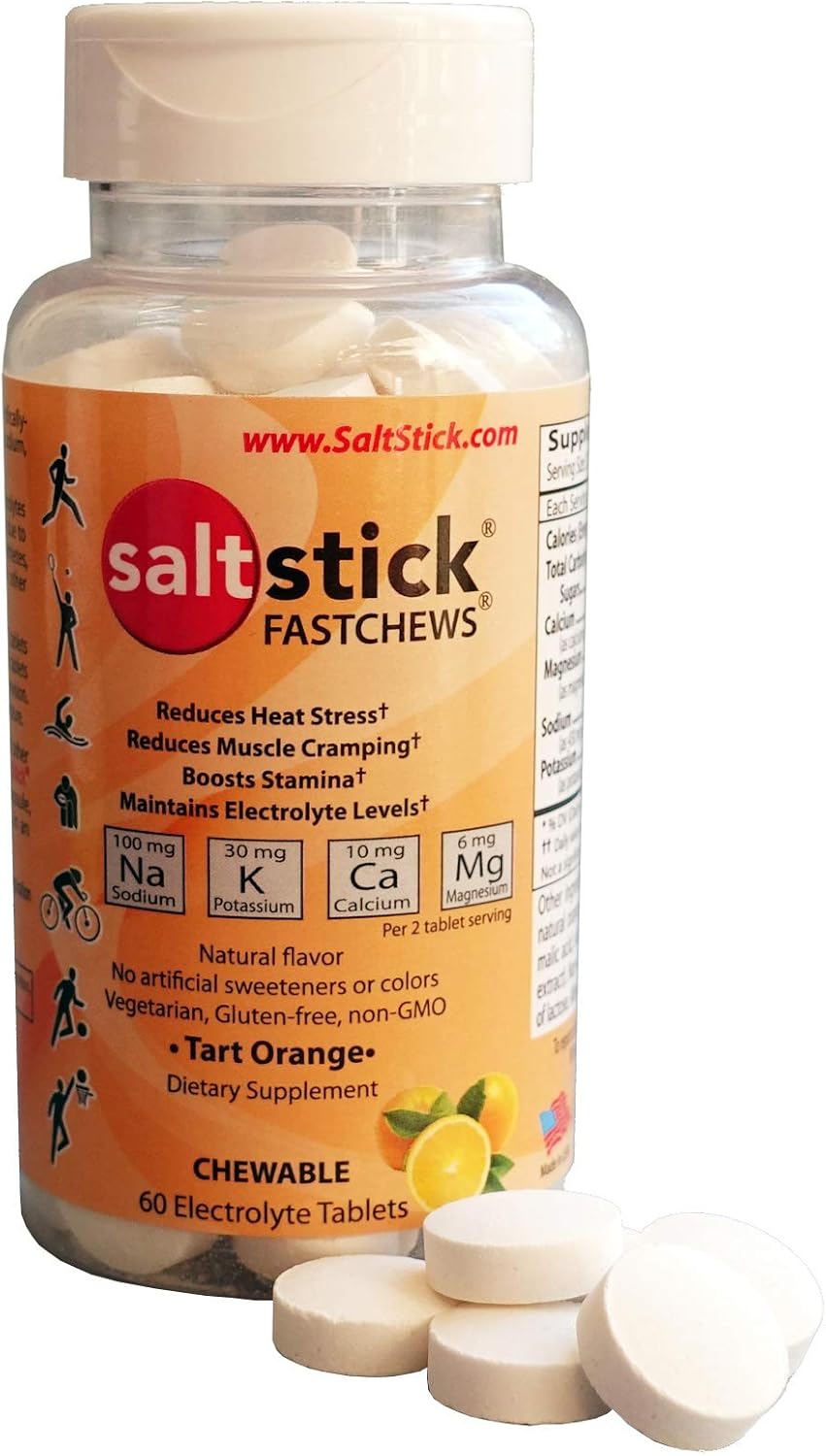 SaltStick Fastchews, Electrolyte Replacement Tablets for Rehydration, Exercise Recovery, Youth & Adult Athletes, Hiking, Hangovers, & Sports Recovery, Bottle of 60 Tablets, Orange Flavor: Health & Personal Care
