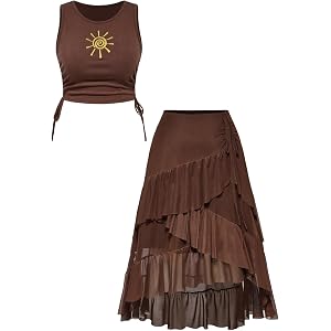 MakeMeChic Women Summer 2 Piece Outfits Round Neck Sleeveless Crop Top and Ruffle Skirt Boho Set