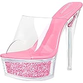 Fantoesay Women's Stiletto High Heeled Glitter Platform Sandals-Clear Sparkly 5 Inches+ Heels Sexy Slip on Shoes