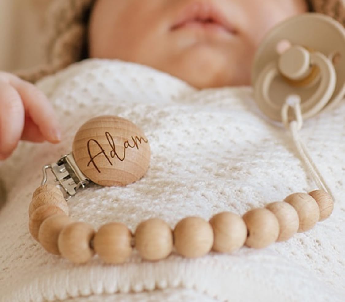 LIMIS Innovative Personalized Baby Pacifier Holder with Wooden Clips
