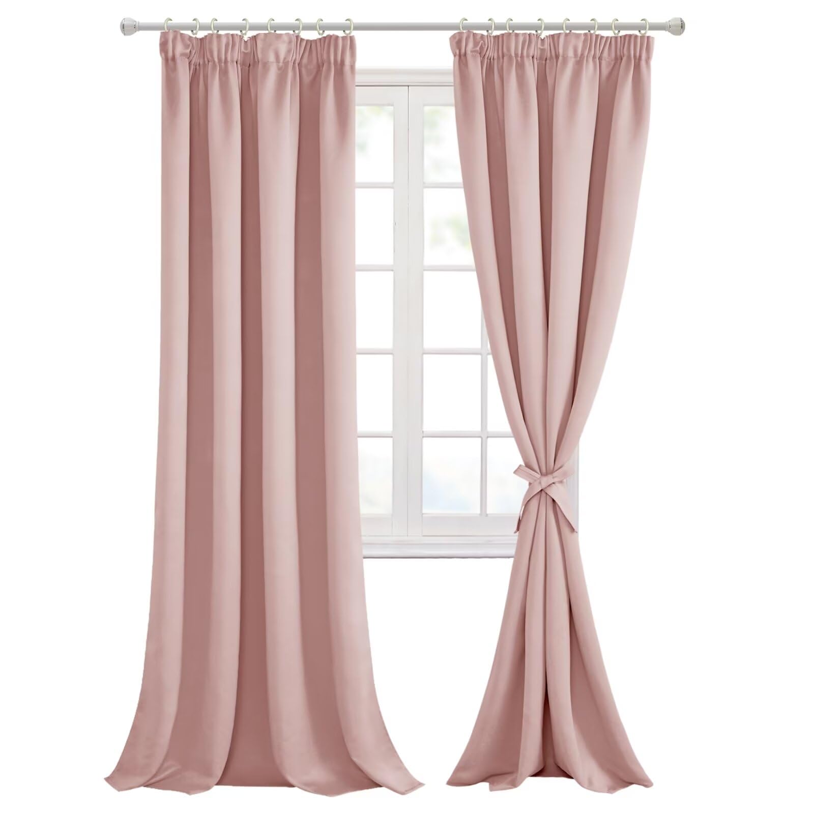 Hiasan Pencil Pleat Blackout Thermal Insulated Curtains, Bedroom and Living Room with Tiebacks, Energy Saving and Noise Reducing, 2 Panels, 66 x 90 Inch, Blush Pink