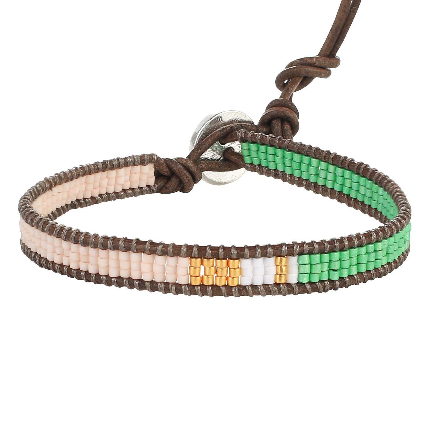 KELITCH Seed Beads Strand Bracelet Women Chic Wrap Bracelet Boho Handmade Stackable Leather Bracelet