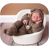 Vemonllas Newborn Photography Props Boys Girls Outfits Mohair Bear Hat Bonnet & Footed Romper Bodysuit Photoshoot Costume Set